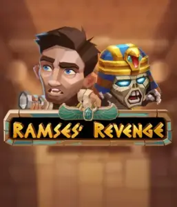 Dive into the ancient world of the Ramses' Revenge game by Relax Gaming, showcasing a surprised explorer and a menacing mummy amid an Egyptian tomb backdrop. This graphic portrays the excitement of Egyptian archaeology, great for fans of Egyptian-themed slots, providing a captivating gaming experience. 